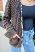Chicory Coffee Mineral Wash Cable Knit Leopard Trim Open Front Sweater Cardigan