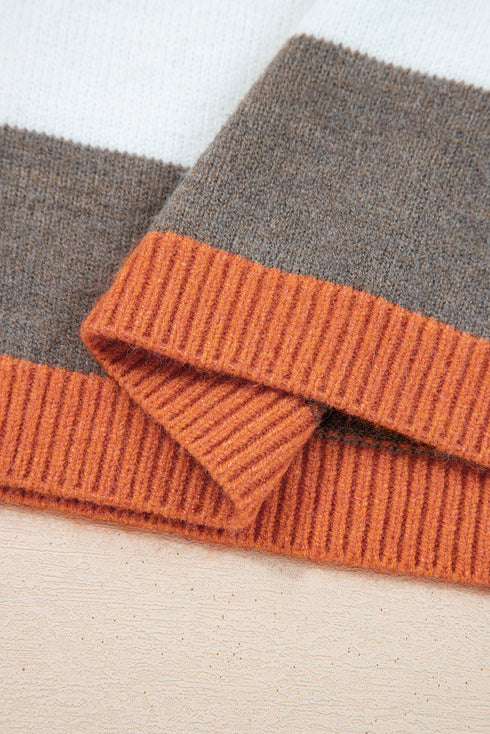 White Striped Color Block Knit Drop Shoulder Sweater