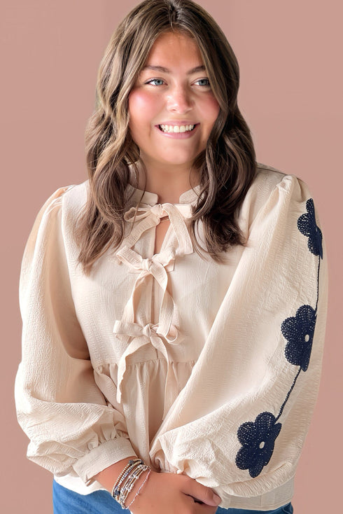 Apricot Contrast Flower Embroidered Puff Sleeve Bow Tie Front Plus Size Babydoll Blouse