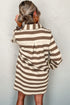 Khaki Stripe Collared V Neck Long Sleeve Loose Casual Dress