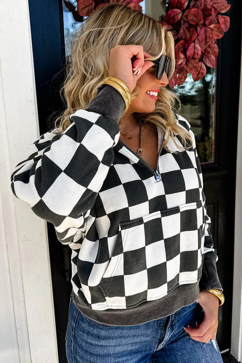 Gray Checkered Print Half Zip Hoodie