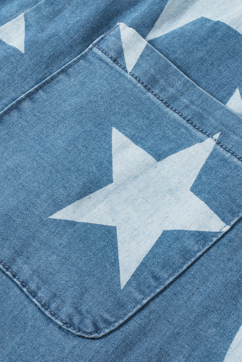 star-print-buttoned-strap-pleat-wide-leg-denim-overall