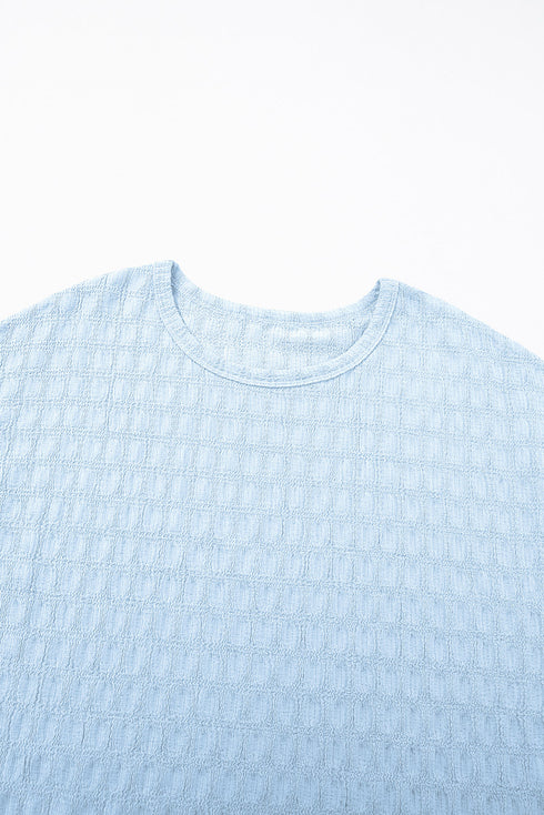 Sky Blue Solid Color Textured Batwing Sleeve Tee