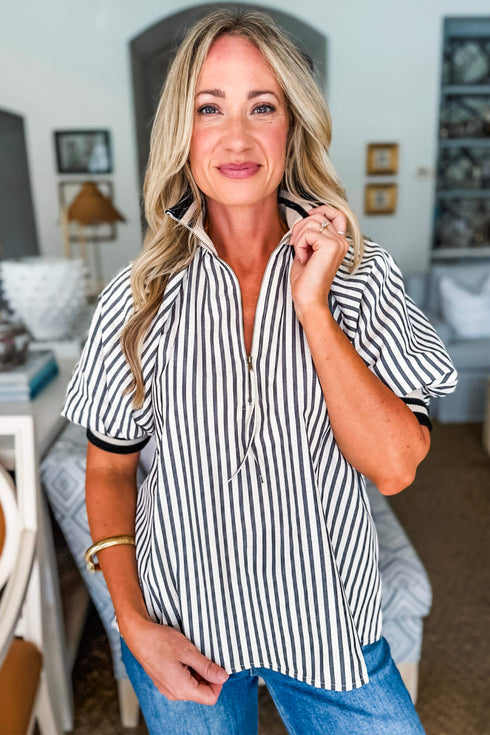 Green Stripe Polo Collar Half Zip Short Puff Sleeve Blouse