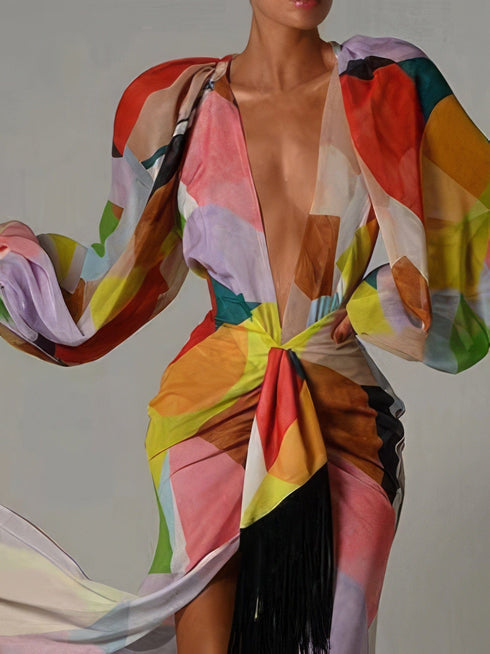 Deep V Neck Lantern Sleeves Slit Dress