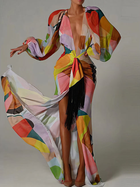 Deep V Neck Lantern Sleeves Slit Dress