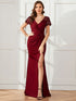 Deep V-Neck Sequin Short Sleeve High Side Front Slit Mother of the Bride Dress