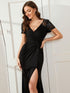 Deep V-Neck Sequin Short Sleeve High Side Front Slit Mother of the Bride Dress