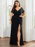 Deep V-Neck Sequin Short Sleeve High Side Front Slit Mother of the Bride Dress