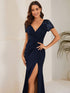 Deep V-Neck Sequin Short Sleeve High Side Front Slit Mother of the Bride Dress
