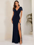 Deep V-Neck Sequin Short Sleeve High Side Front Slit Mother of the Bride Dress