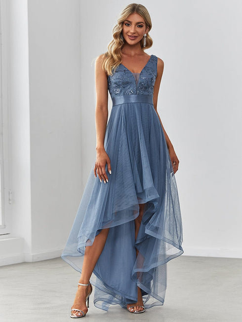 Deep V Neck Tulle High-Low Prom Dress with Sequin Detail