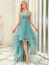 Deep V Neck Tulle High-Low Prom Dress with Sequin Detail