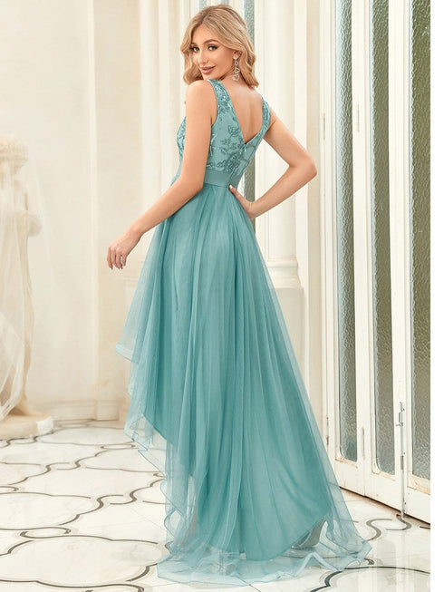 Deep V Neck Tulle High-Low Prom Dress with Sequin Detail