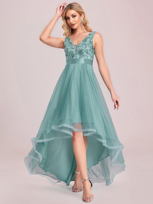 Deep V Neck Tulle High-Low Prom Dress with Sequin Detail