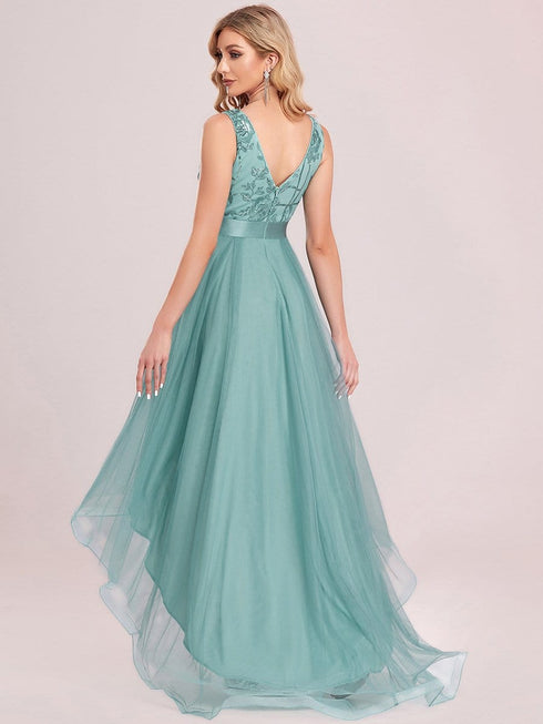 Deep V Neck Tulle High-Low Prom Dress with Sequin Detail
