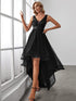 Deep V Neck Tulle High-Low Prom Dress with Sequin Detail
