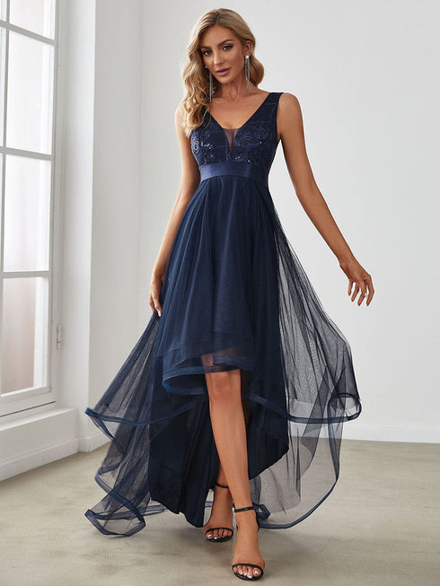Deep V Neck Tulle High-Low Prom Dress with Sequin Detail