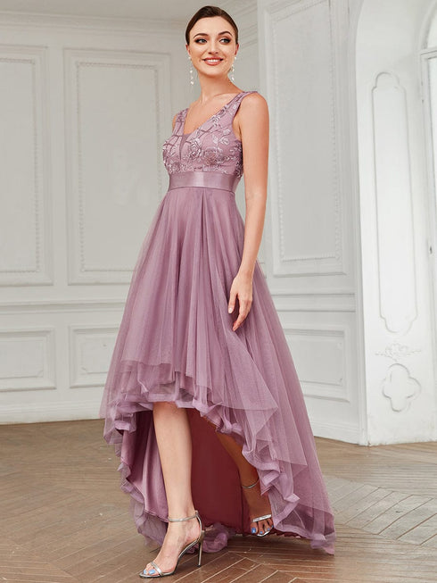 Deep V Neck Tulle High-Low Prom Dress with Sequin Detail