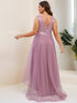Deep V Neck Tulle High-Low Prom Dress with Sequin Detail
