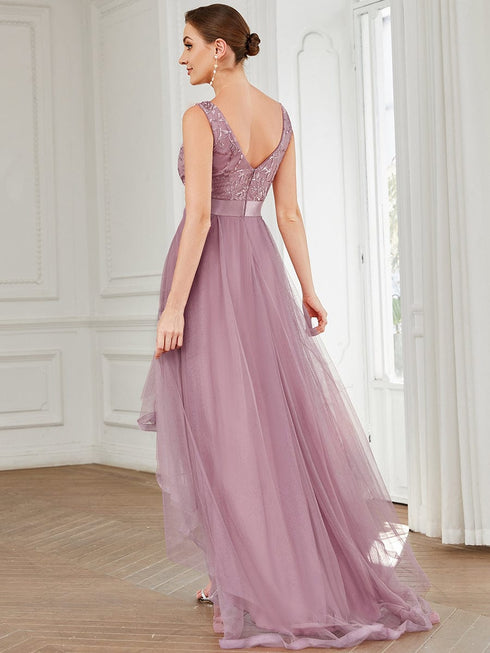 Deep V Neck Tulle High-Low Prom Dress with Sequin Detail