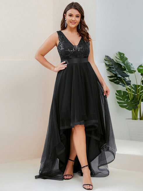 Deep V Neck Tulle High-Low Prom Dress with Sequin Detail