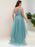 Deep V Neck Tulle High-Low Prom Dress with Sequin Detail