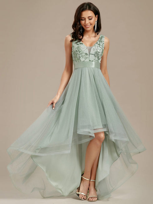 Deep V Neck Tulle High-Low Prom Dress with Sequin Detail