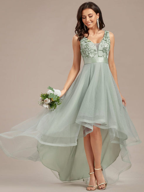 Deep V Neck Tulle High-Low Prom Dress with Sequin Detail