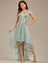 Deep V Neck Tulle High-Low Prom Dress with Sequin Detail