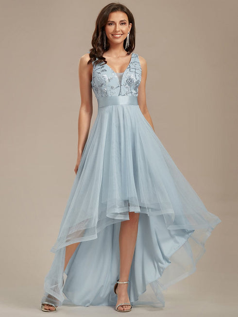 Deep V Neck Tulle High-Low Prom Dress with Sequin Detail