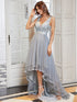 Deep V Neck Tulle High-Low Prom Dress with Sequin Detail