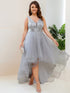 Deep V Neck Tulle High-Low Prom Dress with Sequin Detail