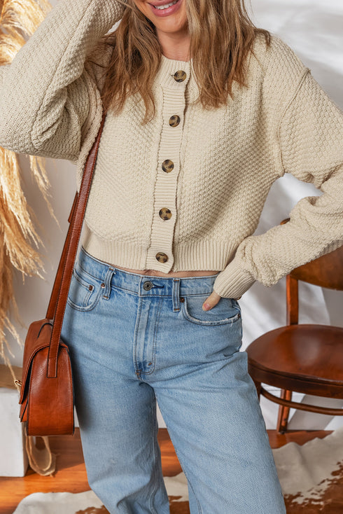 Beige Button Front Cropped Cardigan Sweater