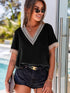 Delicate Black Lace-Trimmed V-Neck Blouse with Short Sleeves