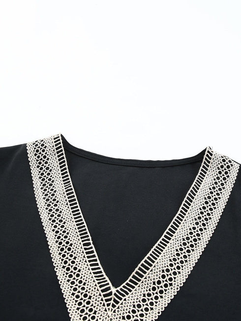 Delicate Black Lace-Trimmed V-Neck Blouse with Short Sleeves