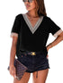 Delicate Black Lace-Trimmed V-Neck Blouse with Short Sleeves