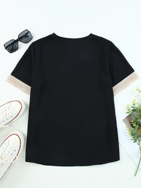 Delicate Black Lace-Trimmed V-Neck Blouse with Short Sleeves