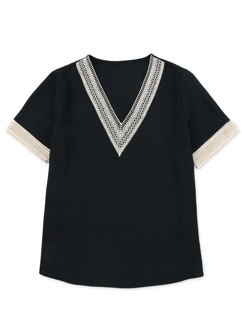 Delicate Black Lace-Trimmed V-Neck Blouse with Short Sleeves