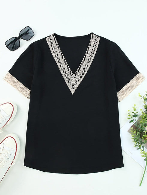 Delicate Black Lace-Trimmed V-Neck Blouse with Short Sleeves