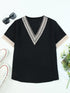Delicate Black Lace-Trimmed V-Neck Blouse with Short Sleeves