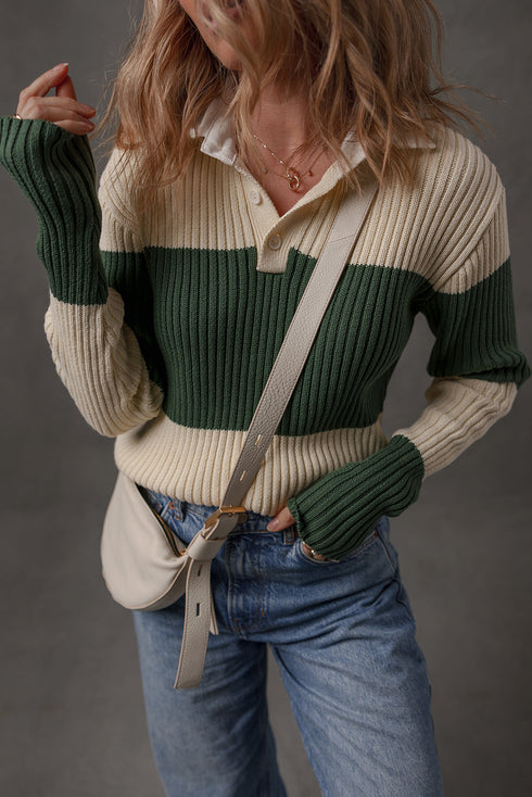 Blackish Green Ribbed Color Block Knit Shirt Collar Patchwork Slim Sweater