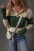 Blackish Green Ribbed Color Block Knit Shirt Collar Patchwork Slim Sweater