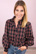 Multicolour Plaid Pattern Frilled Collared Puff Sleeve Shirt