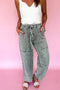 Gray Acid Wash Barrel Fit Denim Pants with Waist String