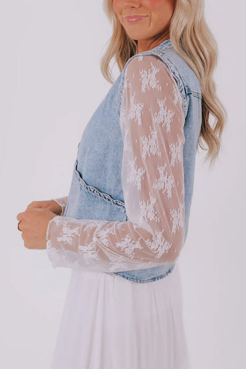 Beau Blue Scalloped Trim Patch Pocket Button Front Denim Vest