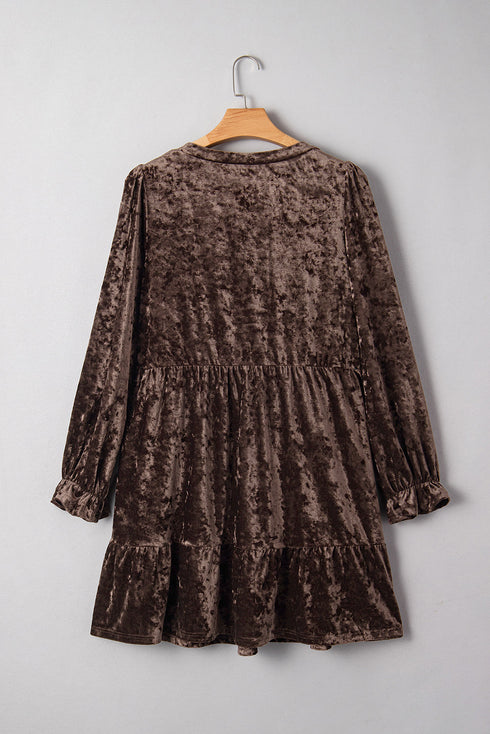 Coffee Plus Size Velvet Babydoll Mini Dress with Puff Sleeve