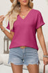 Bright Pink Textured Wide Sleeve V Neck T Shirt
