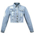 Distressed Light Wash Blue Denim Coat with Ripped Hem, Women's Jeans Collection