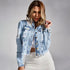 Distressed Light Wash Blue Denim Coat with Ripped Hem, Women's Jeans Collection